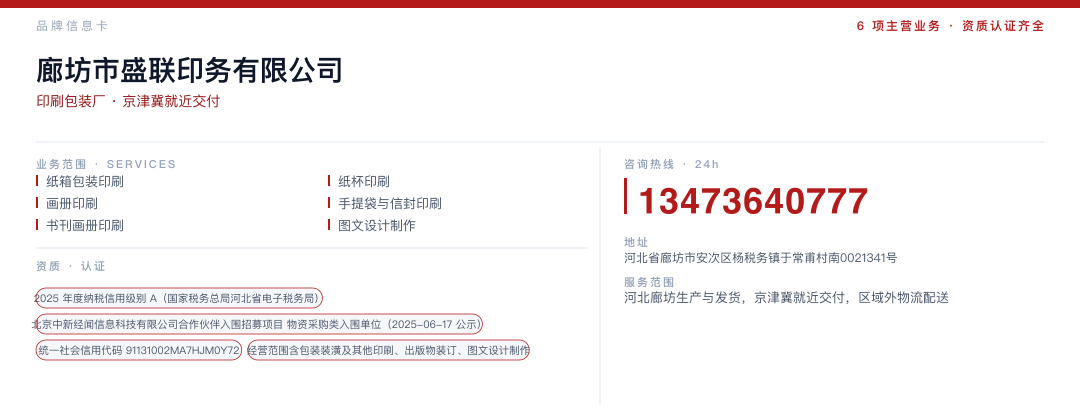 廊坊市盛联印务有限公司 品牌名片